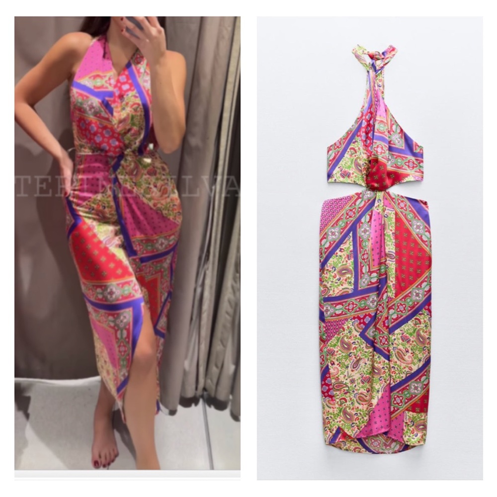 NWT Zara patchwork printed halter neck midi dress